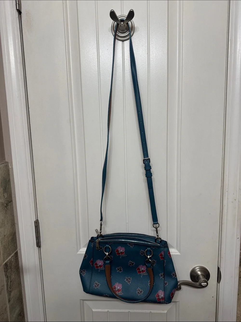 Coach Teal Floral Leather Shoulder Bag with Brown Strap Accent - Picture 9 of 10